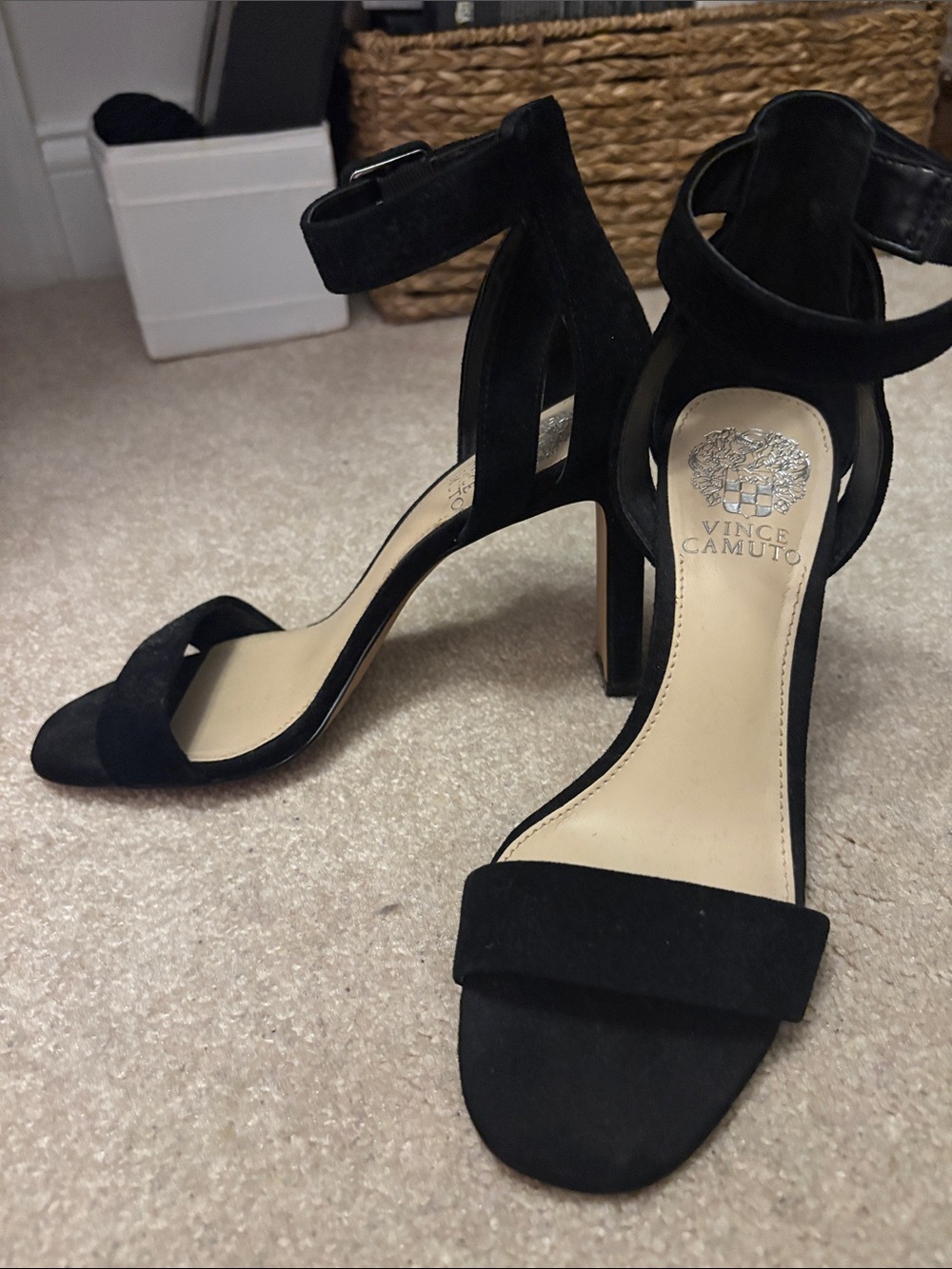 Vince Camuto Black Suede Ankle-Strap Block Heels